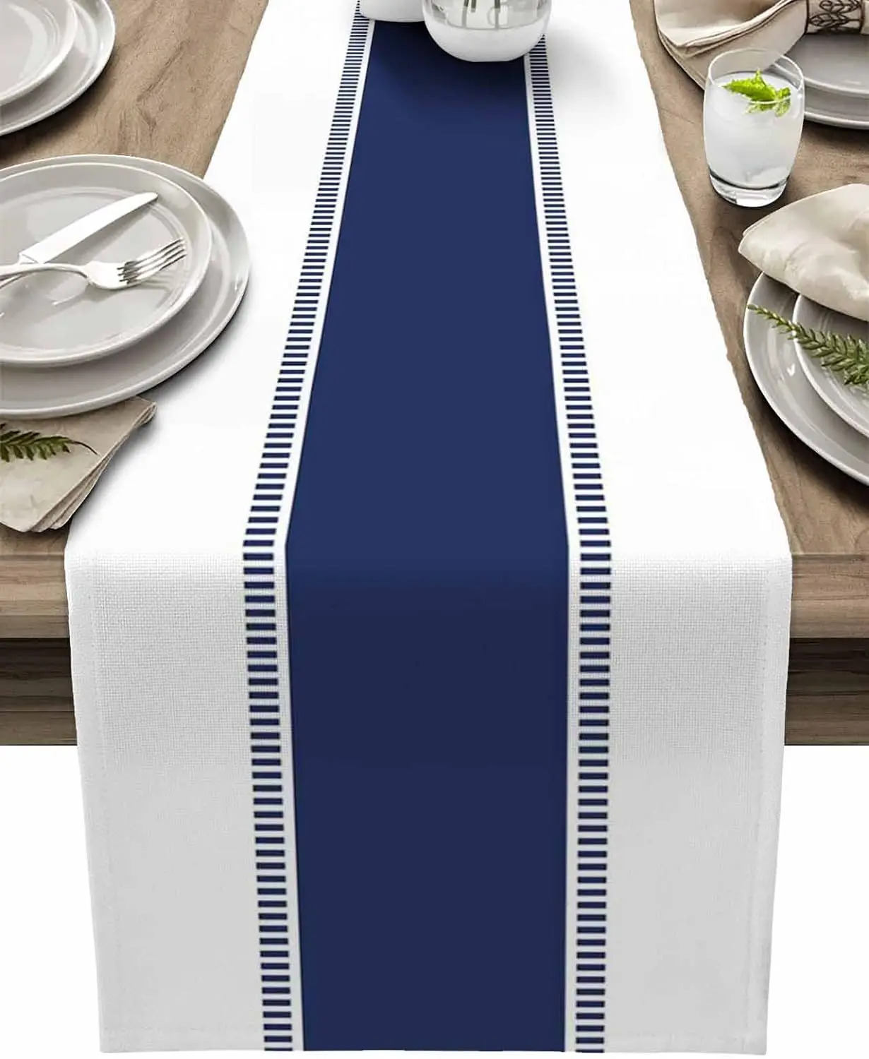 Christmas Table Runner - 네이비 블루 줄무늬 리넨 테이블 러너