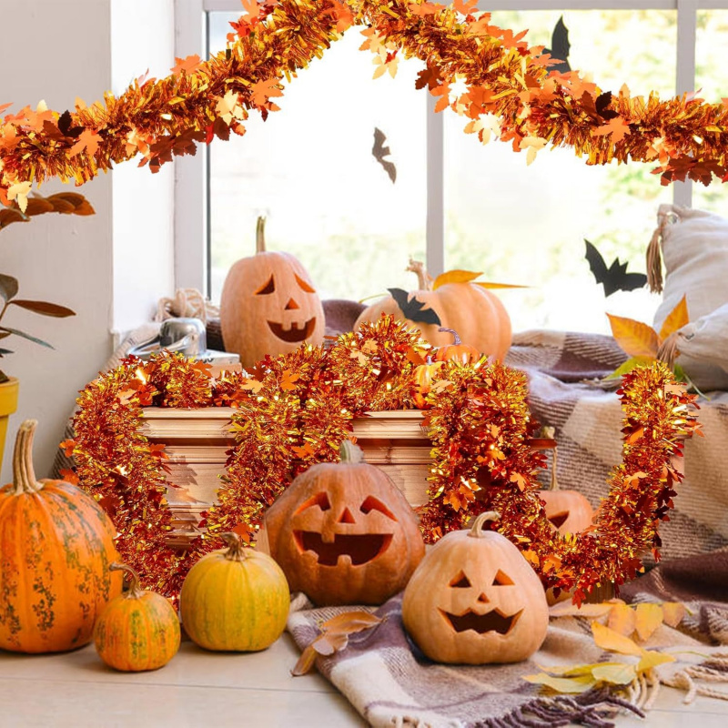 Tinsel Garland Decoration - 2개입 추수감사절 가을 단풍잎 반짝이 가랜드